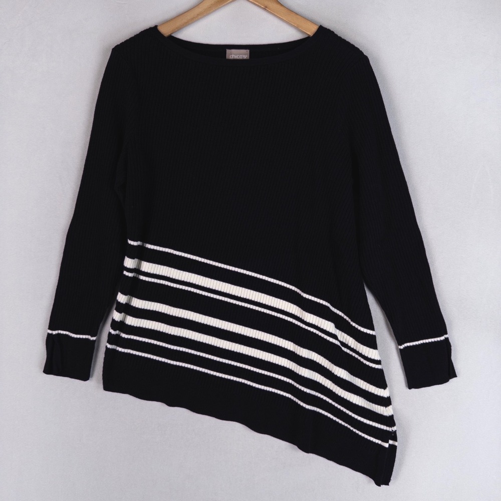 Chicos Sweater 2 US Large Black Ivory Striped Asymmetrical Hem Ribbed Split Cuff